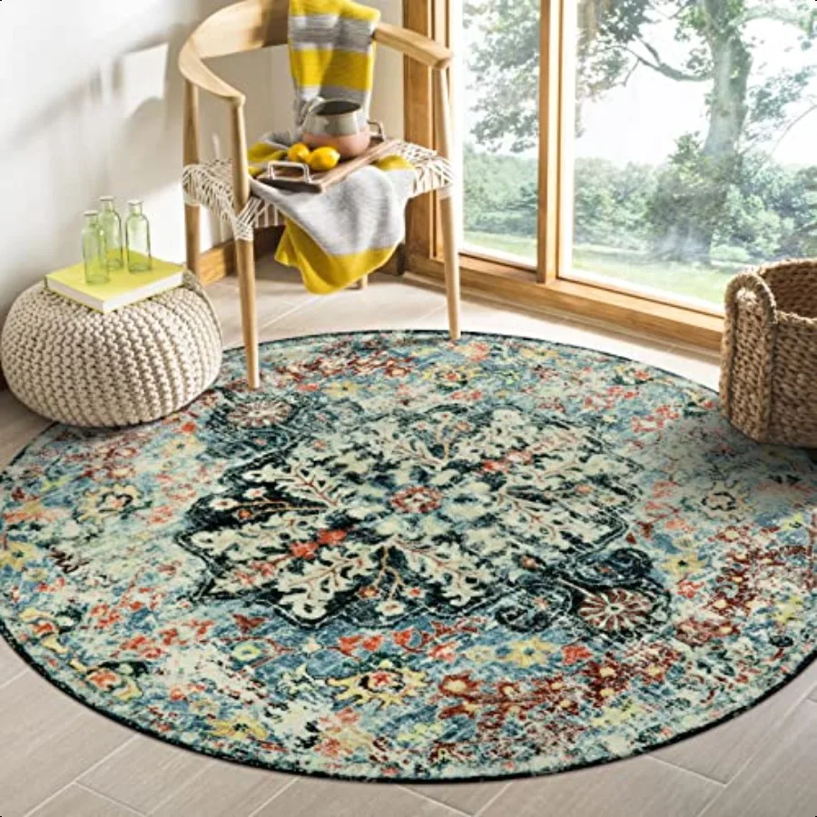 

Bohemian Floral Medallion Round Rug 4Ft Entryway Round Area Rug Soft Bathroom Circle Mat Teal Turkish Non Slip hine Washable In