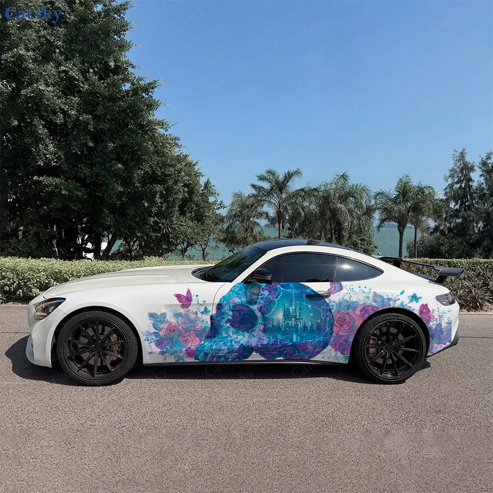 2pcs Fantasy Butterfly Flower Skull Car Side Wraps, Self-Adhesive PVC Waterproof & Scratch-Resistant Sticker, Car Accessory Gift