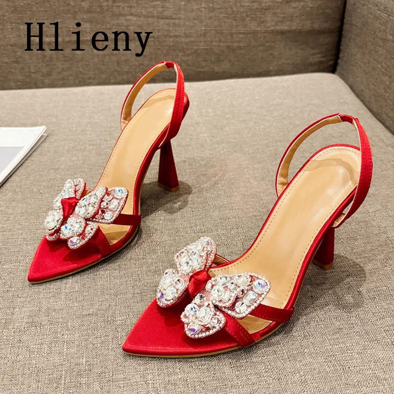 Hlieny Design Style Crystal Butterfly-knot Women Sandals Summer Pointed Toe High Heels Sexy Wedding Party Shoes Rozmiar 35-41