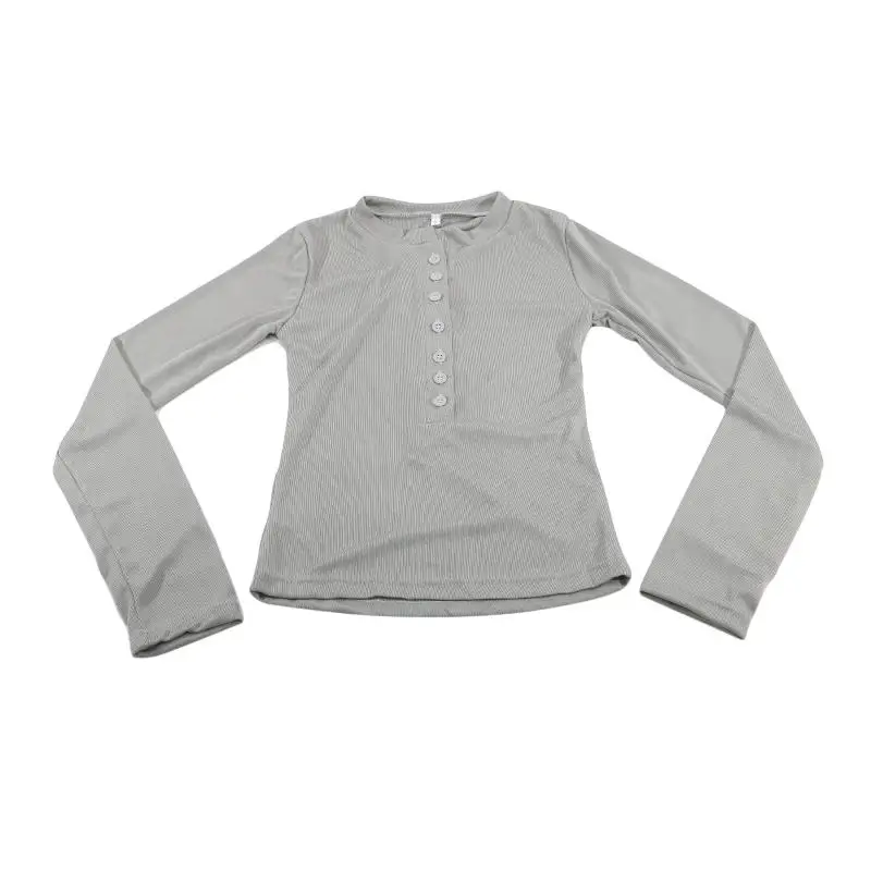 Trendiges Langarm-T-Shirt mit Knöpfen 2026 Neue Spicy Girls Figurbetonte Schlankmachende Basic-Oberteile Vielseitige Lässige O-Ausschnitt Einfarbige T-Shirts – Detail 14