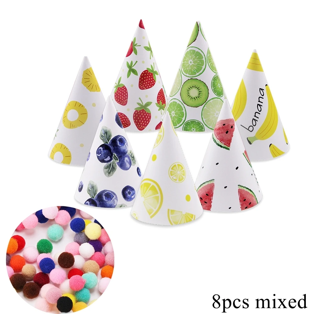 8pcs Paper Fruits Hat Strawberry Pineapple Watermelon Hats For Kids Summer Pool Fruits Happy Birthday Party Decoration Supply