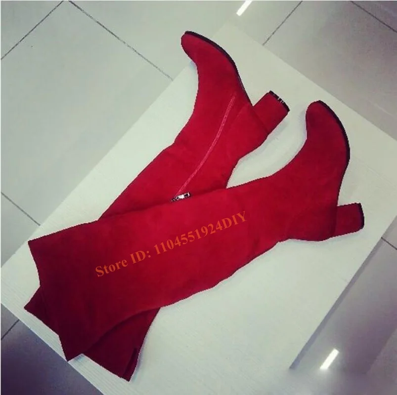 

Round Toe Hot Red Suede Leather Over The Knee Boots Women Thick Heels Woman Fashion Boots Winter Long Riding Boots