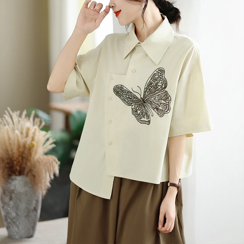 

Elegant Oversized Embroidered Shirt Women's Loose Fit Original Design Summer New Style Fashionable Casual Top