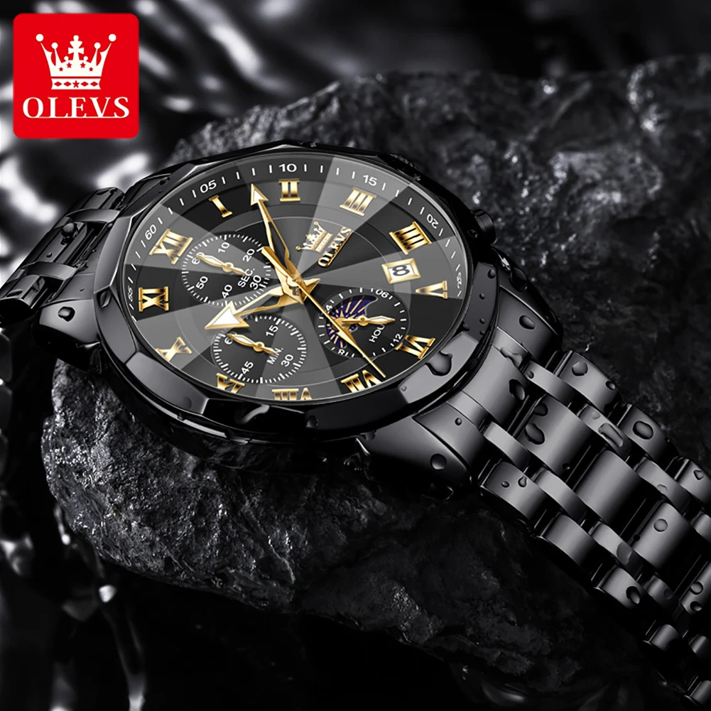 OLEVS 3675 Mens Watch Original Multifunctional Chronograph Quartz Watch Moon Phase Watches For Men Waterproof Mens Gifts Reloj