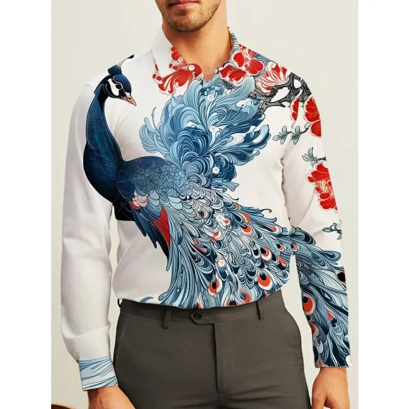 

Beautiful Peacock Pattern Hawaiian Shirts For Men Funny Animal 3D Print Blouse Casual Aloha Shirts Long Sleeve Lapel Button Tops