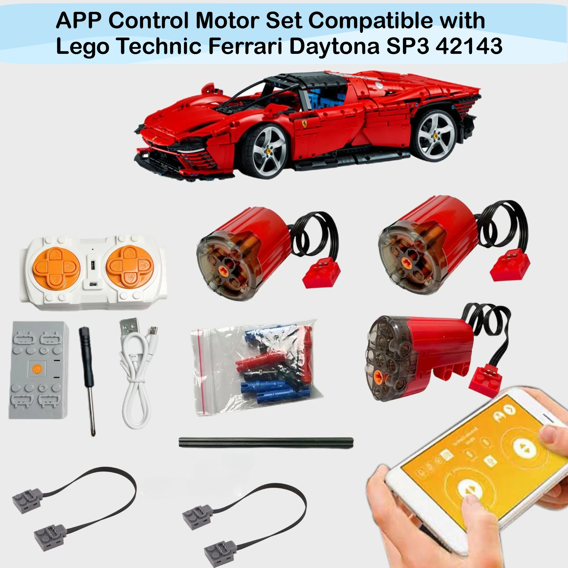 APP Control Motor Set Compatible with Lego Technic Ferrari Daytona SP3 42143 (Only Motor Without Bricks)