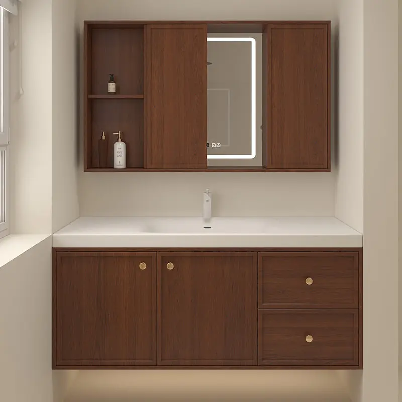 

bathroom cabinet, oak paint washstand, ceramic integrated wash basin, feng shui mirror cabinet combination