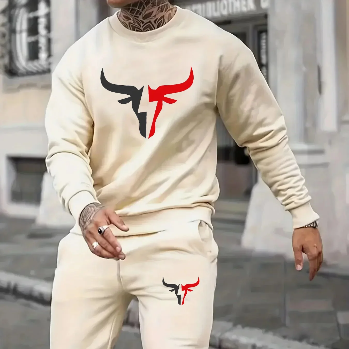 Men's Autumn Winter Sweater Set With Plush Fashion Mens Hoodies Winter Print Hip Hop Loose Sweatshirtsmens tracksuit setsweater