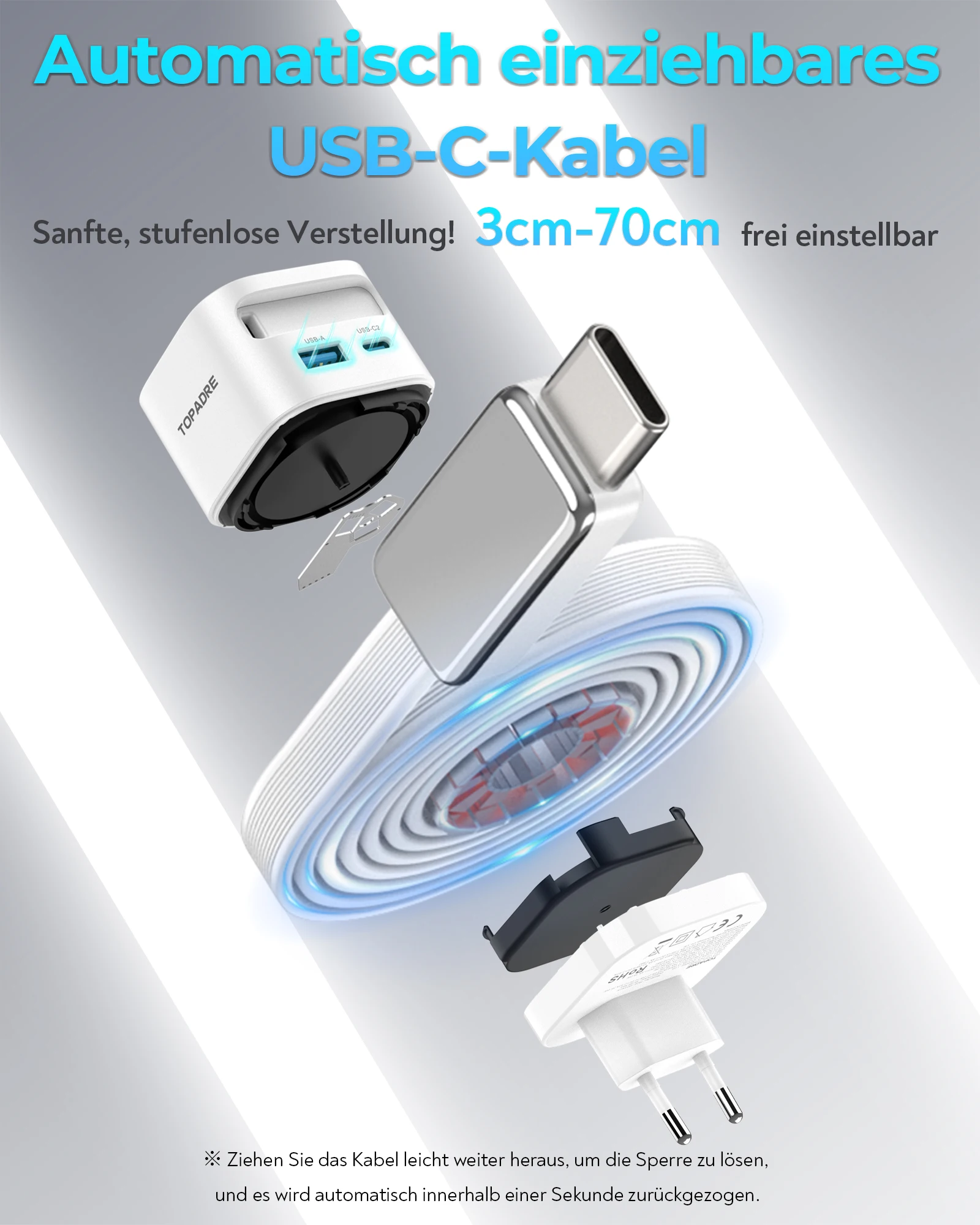 Быстрое зарядное устройство GaN мощностью 35 Вт с выдвижным кабелем, складной вилкой, блок быстрой зарядки, для телефонов iPhone, Samsung, iPad, Android