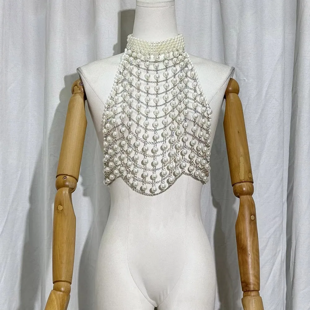 European And American Sexy Beach Body Chain Pearl Bead Jewelry Bikini Dancing Chest Chain Hollowed Out Strapless