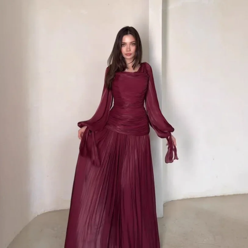 2026 Elegante damesjurk met drapering, effen, lang, O-hals, lange mouwen, taille, casual, feest- en avondjurk - afbeelding 1