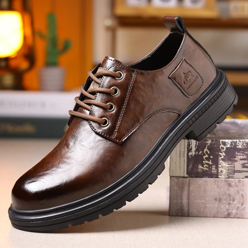 

Middle-Aged Dad Formal Casual Business Leather Shoes Handmade Leisure Men Shoes New Trendy Minimalist Work Shoes with Lace Up