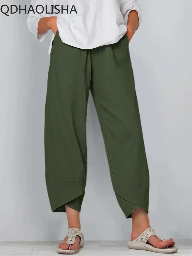 Pantaloni larghi Donna Moda coreana Elastico in vita Cotone Pantaloni larghi casual alla caviglia Streetwear Pantaloni da donna estivi a vita alta