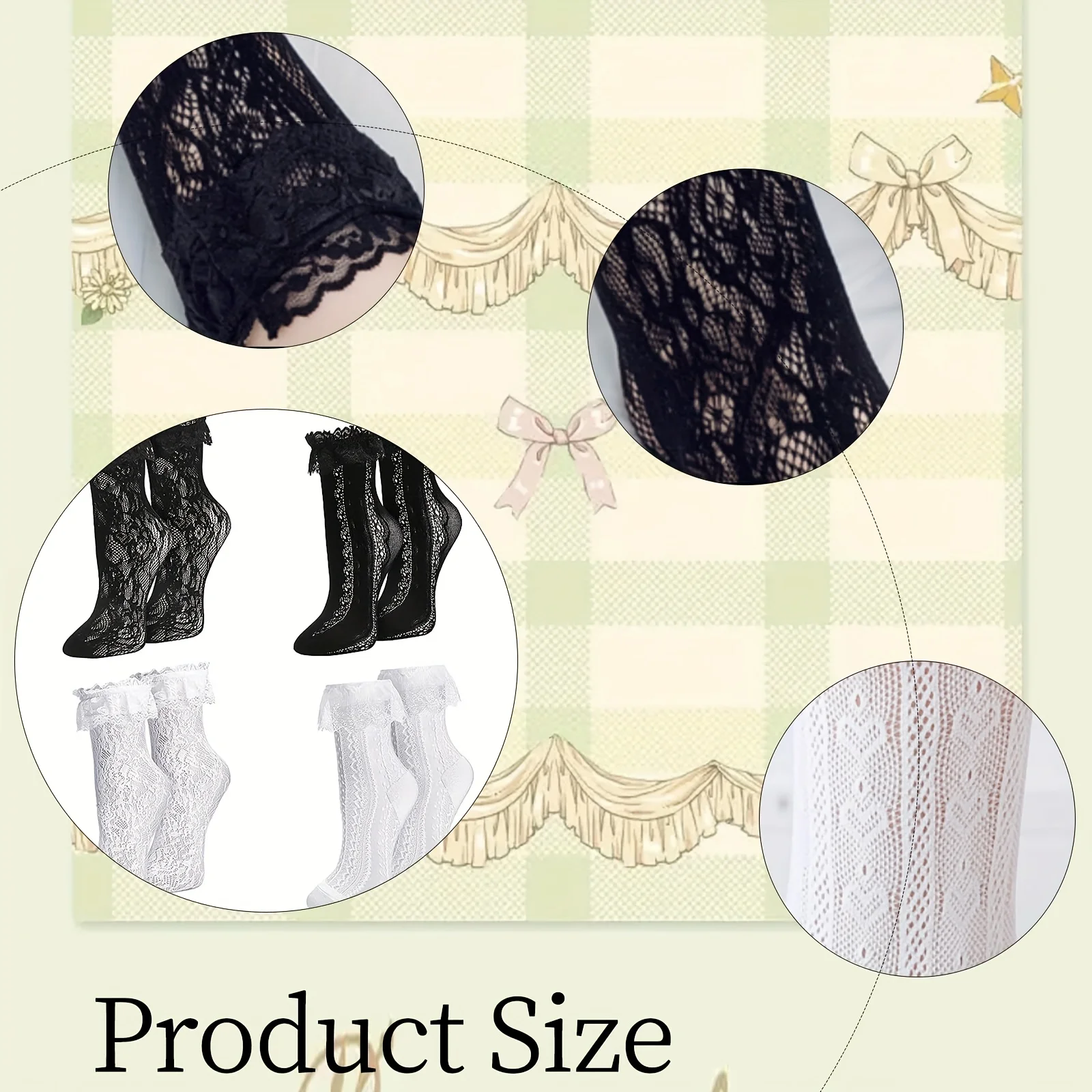 2er-Pack atmungsaktive Damen-Söckchen aus Polyester mit Rüschen und Spitze | Lässige Socken für Frühling/Sommer mit Schleifenakzenten in Weiß und Schwarz – Detail 6