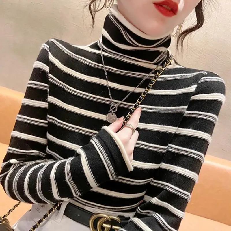 Fashion Double Faced German Velvet Striped Sweaters Women New Classic Long Sleeve Turtleneck Interior Lapping Bottoming Shirt