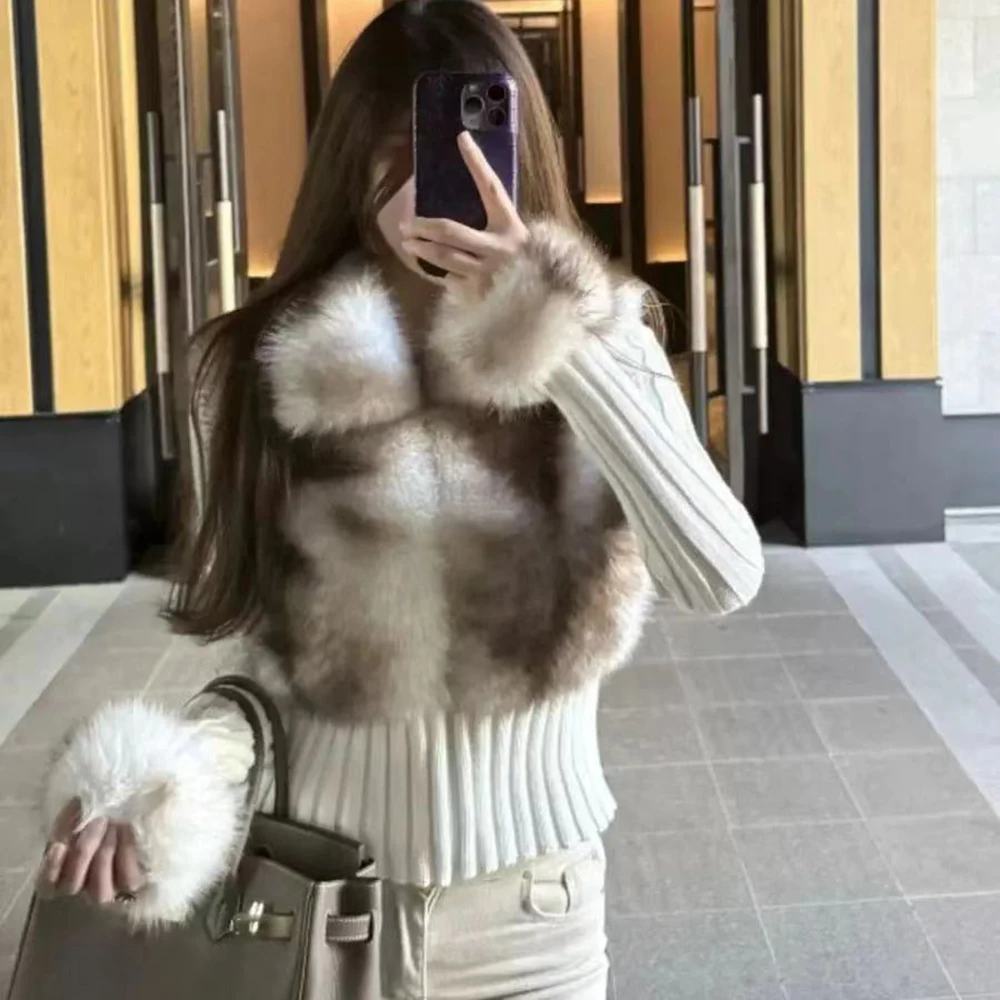 

2025Fall Winter New Women's Spliced Fake Fox Plush Knitted Cardigan Fashion V-neck Full Sleeves Zipper Sweater Female