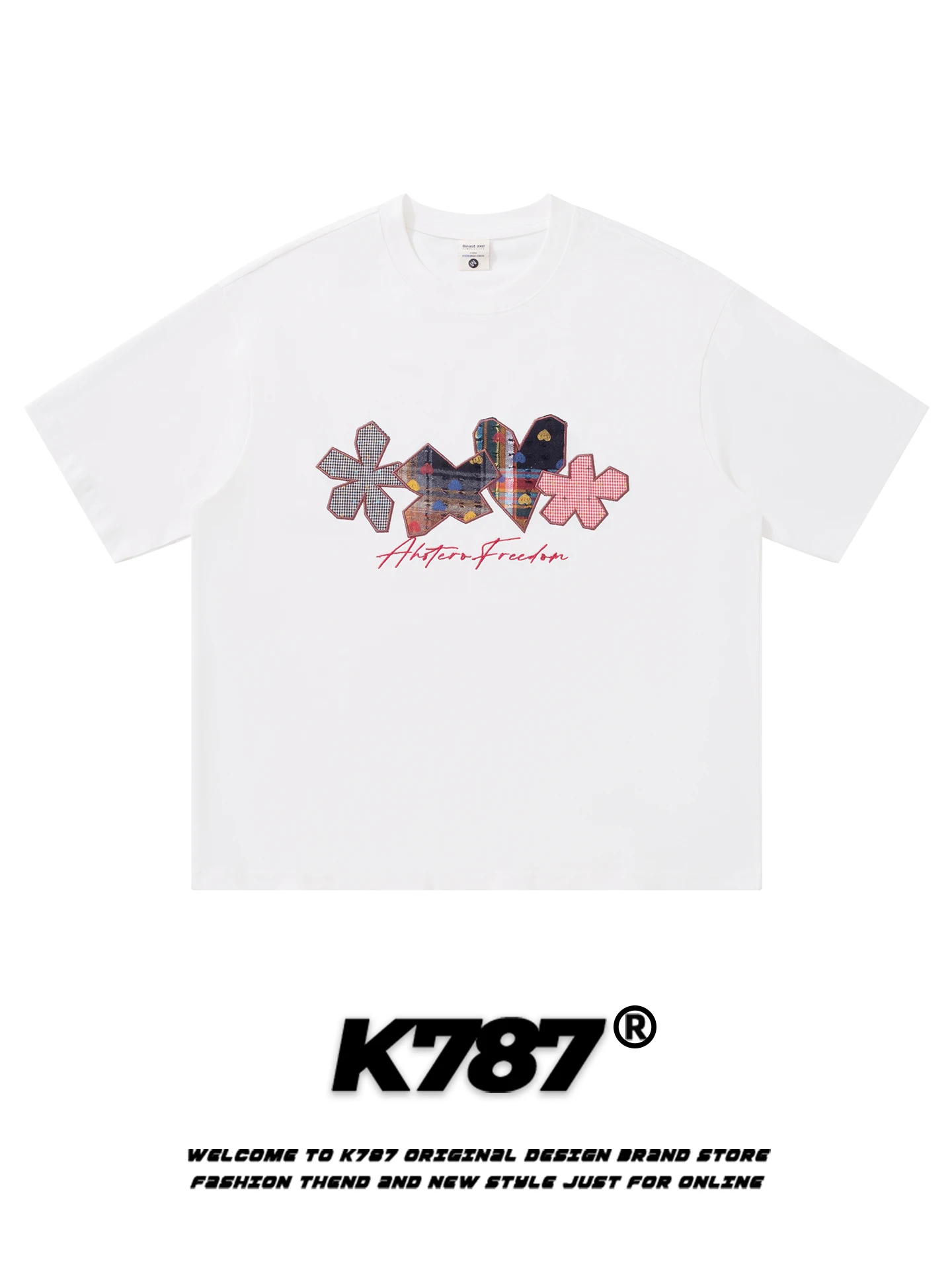 

Ретро-американская вышитая футболка с коротким рукавом, худи оверсайз из чистого хлопка, повседневный топ для пар и молодежи, популярный стиль