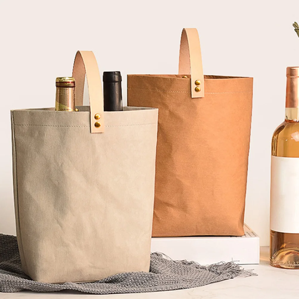 

Eco-Friendly Heavy Duty Wine Tote Bag Washed Kraft Paper Suitable for Standard Bottles and Gift Giving Wine Bag