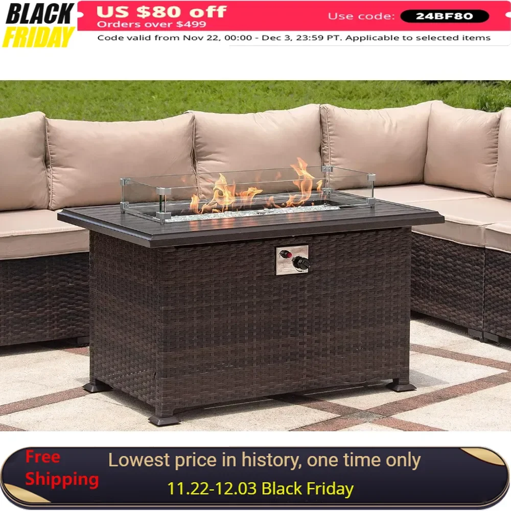 

43" Fire Pit Table with Glass Wind Guard, Glass Rock,Rectangle Firepit Cover, 55,000 BTU Auto-Ignition Propane Gas Fire Pit