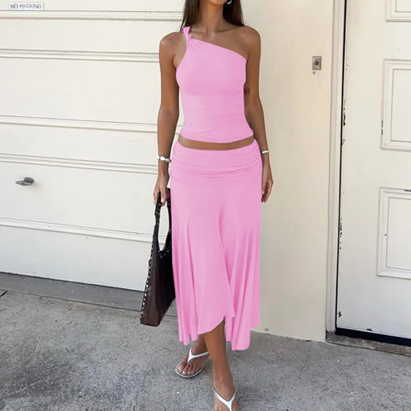 Simple Casual Solid Color Female Outfit Sexy Skew Collar Sling Top & Pleated Maxi Skirts Set Summer One Shoulder Sleeveless Suit