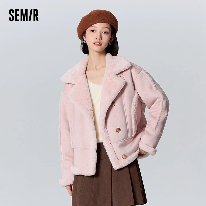 Semir Jacket Women Faux Suede Faux Rabbit Fur Warm 2023 Winter New Lapel Motorcycle Style Retro Loose Jacket