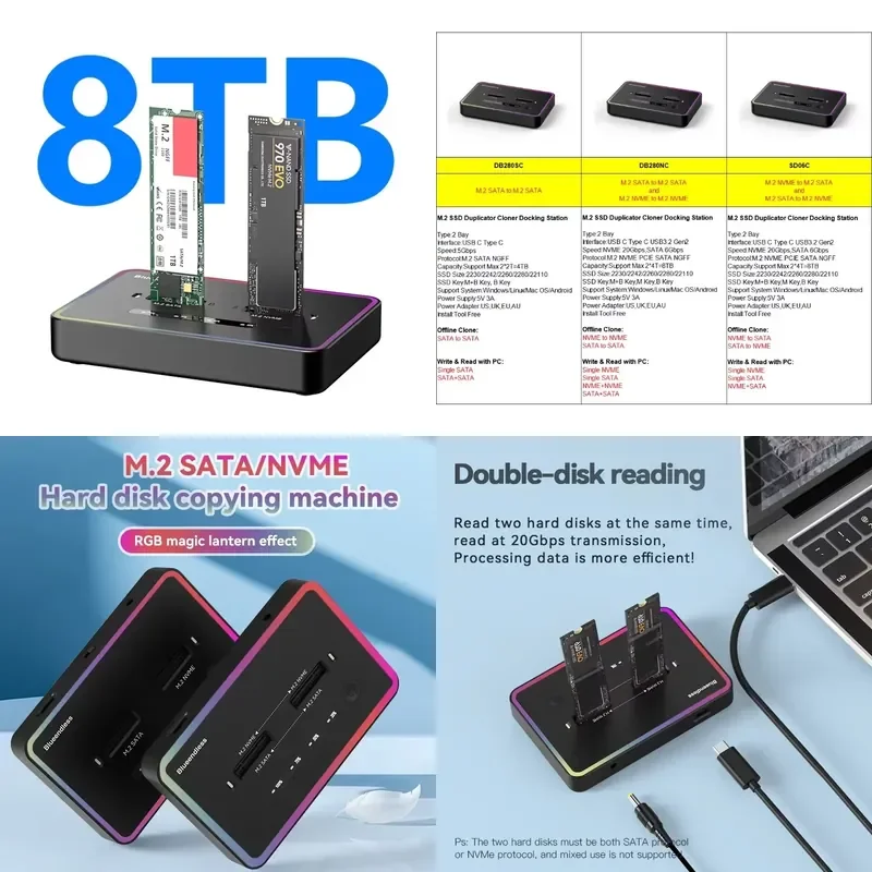 AP01 for M2 SSD Case Dock Station Duplicator Cloner Dual Bay Offline USB A USB C to NVME SATA SSD Enclosure Docking Station