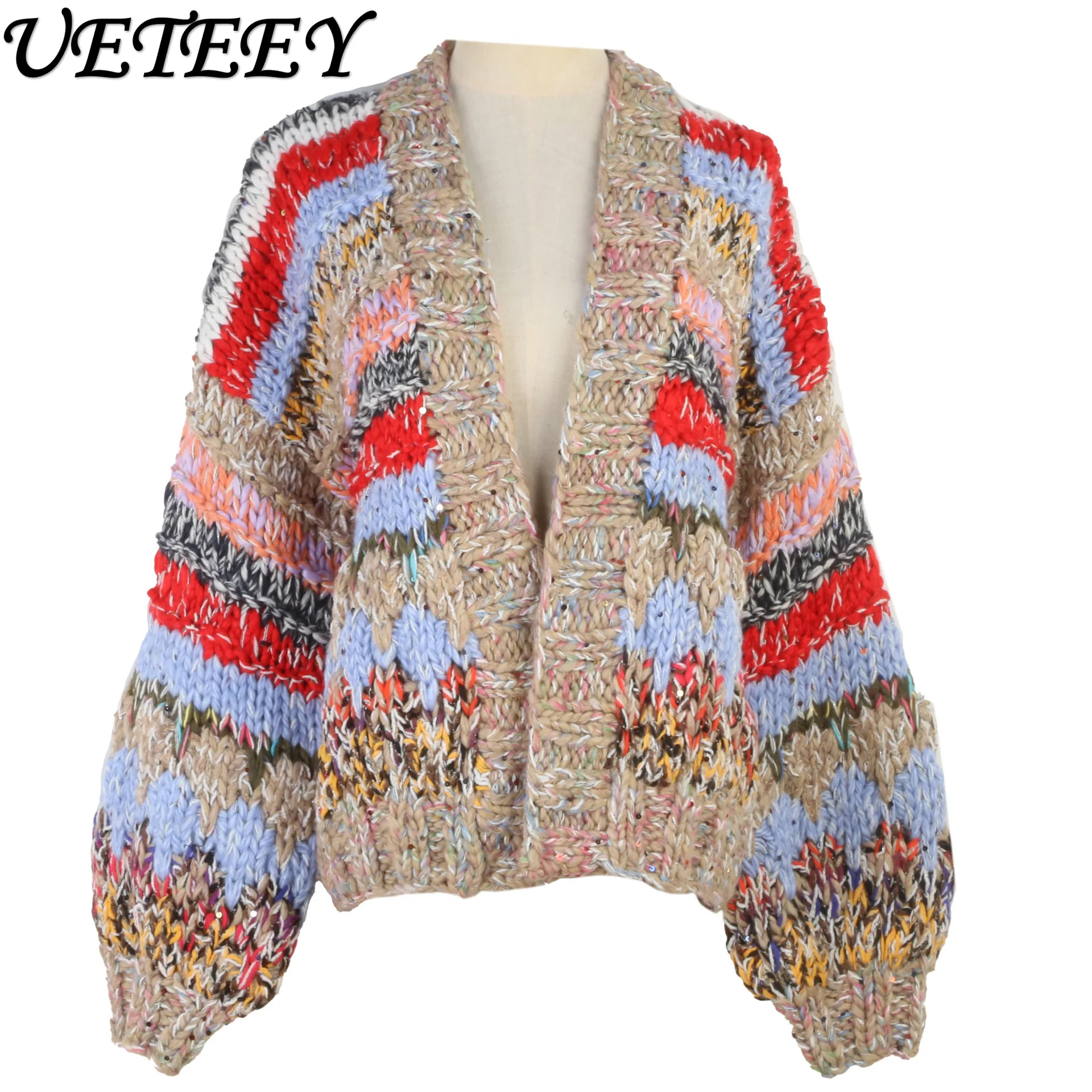 

Thickened Warm Sweater Women V-neck Colorful Striped Sweater Loose Fit Elegant Winter New Long Sleeve Sweater Cardigan Coat