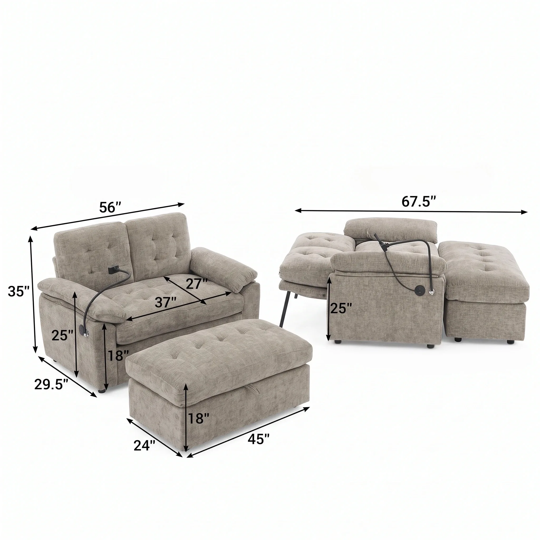 56-Inch Casual Double Sofa Equipped With Soft And Thick Armrests And Featuring A USB Charging Port And A Phone Holder On The Side Suitable For Use In Living Rooms Bedrooms And Apartments