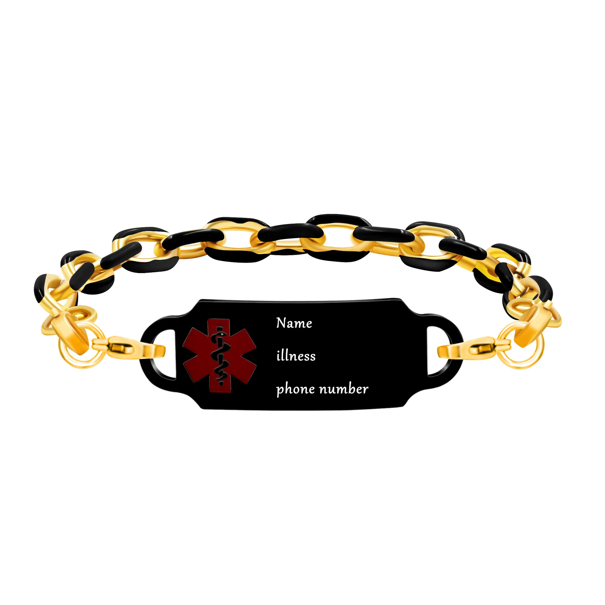 UJBOX DIY Custom Women Men Medical Alert Bracelets Black Enamal Gold Plated Stainless Steel 7.3in-8.66in Fashion Jewelry A5027