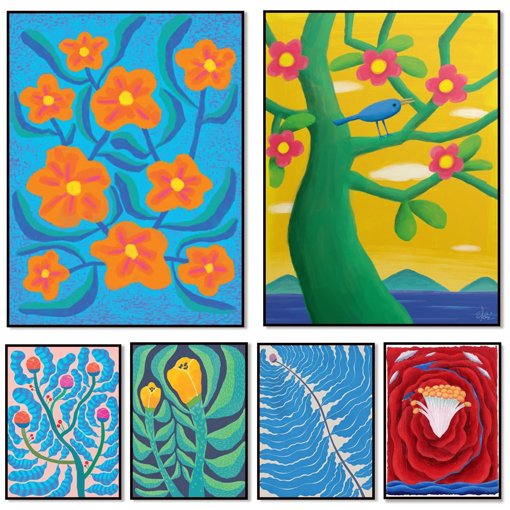 Abstrakte Vintage Boho Blumen-Wandkunst, Leinwandgemälde, Poster und Drucke, Wandbilder für Wohnzimmerdekoration