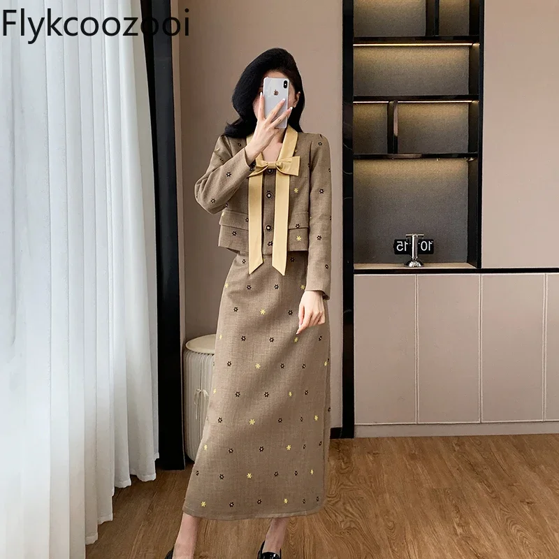 Autumn New Elegant Quality Light Luxury Set Bow Long Sleeve Top Skirt Two-piece Set Roupas Femininas Conjuntos Blazers