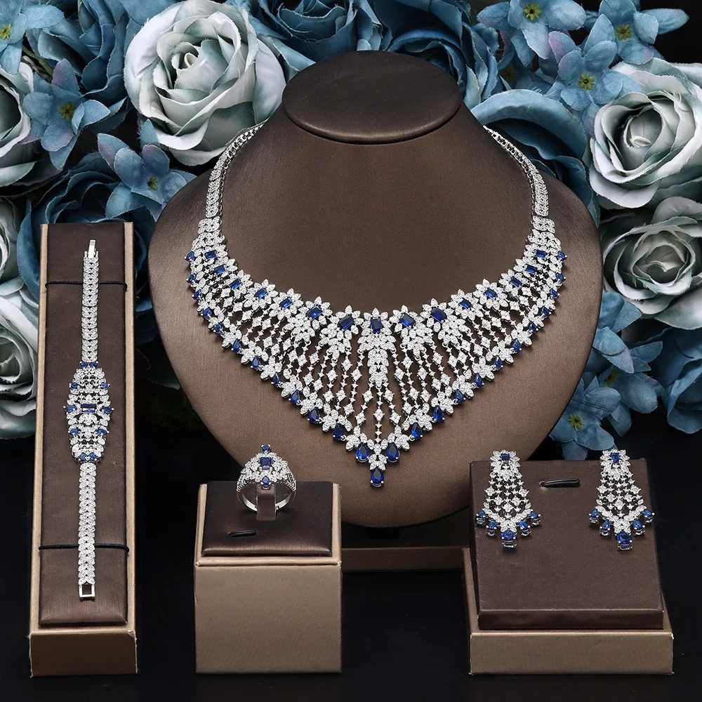 Elegant Teardrop Royal Blue CZ Bridal Jewelry Set 4Pcs Necklace Earrings Bracelet Ring Women Evening Accessory Christmas Gift