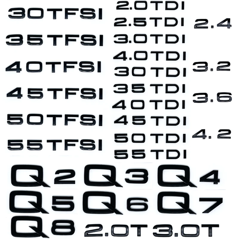 

ABS Numbers Letters Q2 Q3 Q4 Q5 Q6 Q7 Q8 30 35 40 45 50 55 TDI TFSI 2.0T Emblem For Car Fender Trunk Rear Logo Sticker