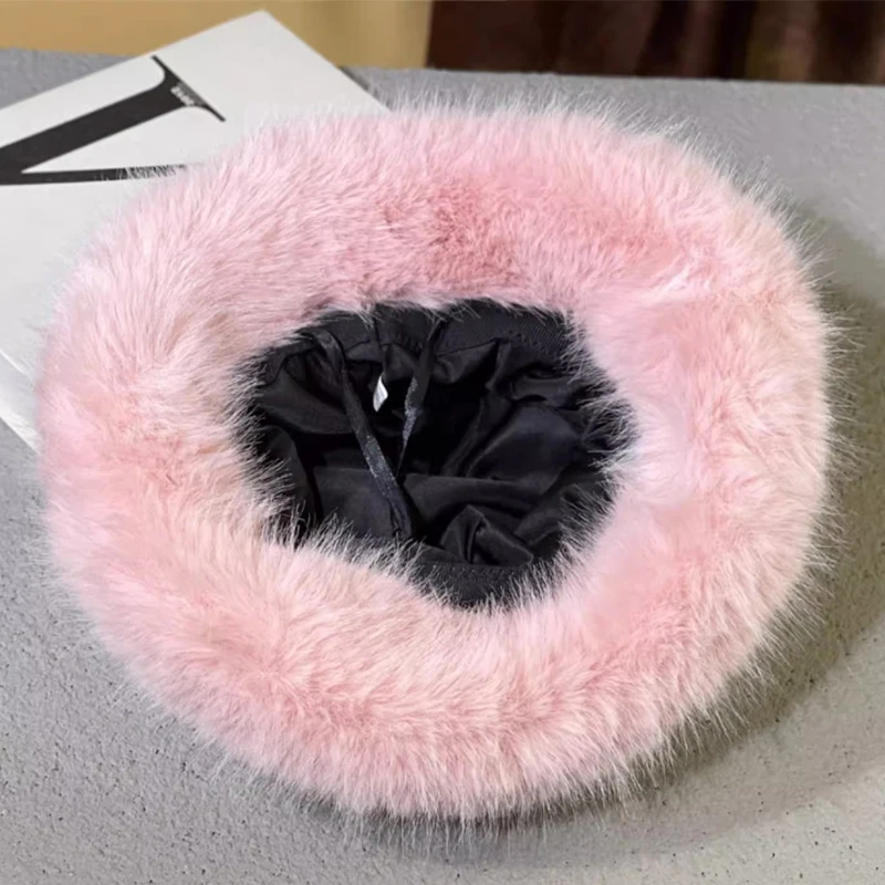 Winter Faux Fox fur bucket hat thickened plus size Bucket hat High quality warm female ear protection women hat