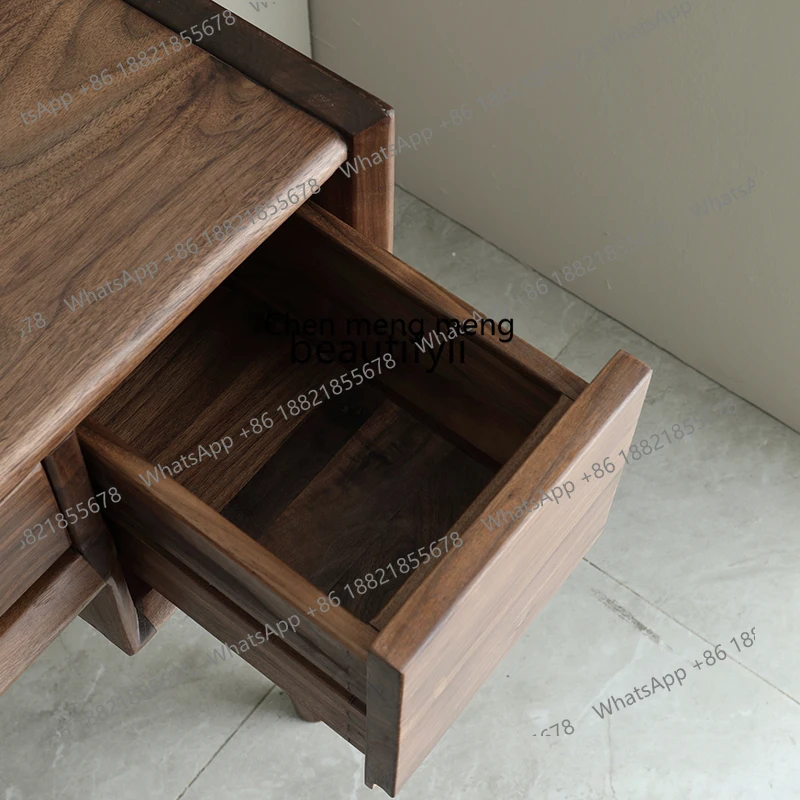 โต๊ะเครื่องแป้งไม้จริงสไตล์นอร์ดิกมินิมอลสีดำวอลนัท พร้อมตู้เก็บของในตัว