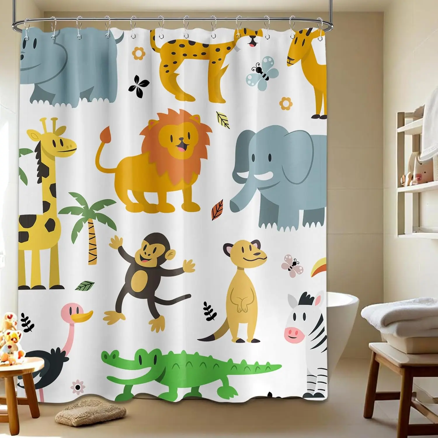 

Cartoon Animal Shower Curtain Jungle Kids Fun Zoo Shower Curtains for Toddler Bathroom Decor,Waterproof Fabric with Hooks
