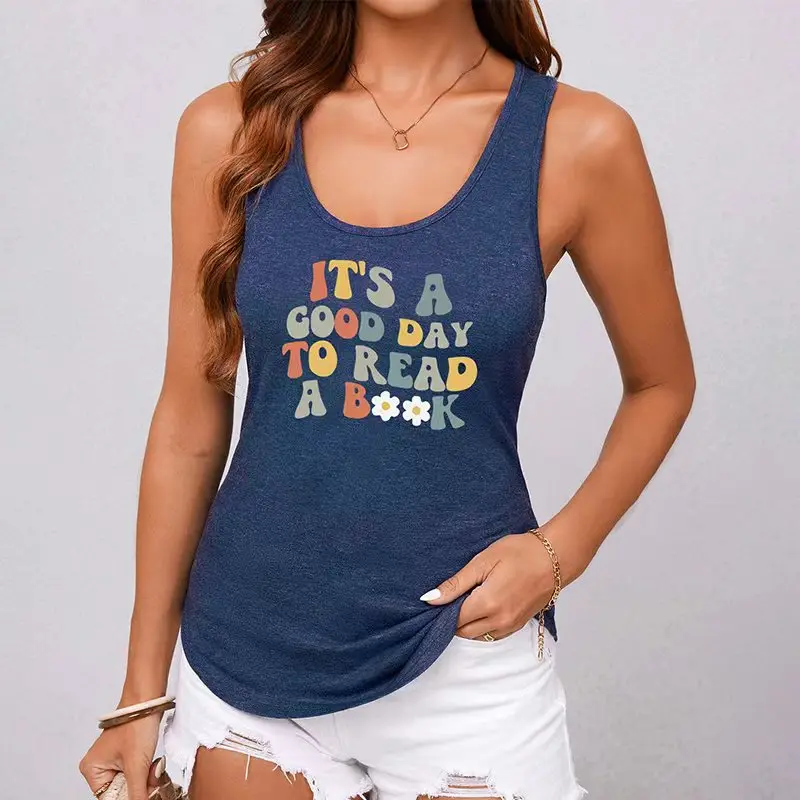 New women's colorful lettered model, printed pattern sleeveless vest, blue casual sleeveless vest, women's clothing