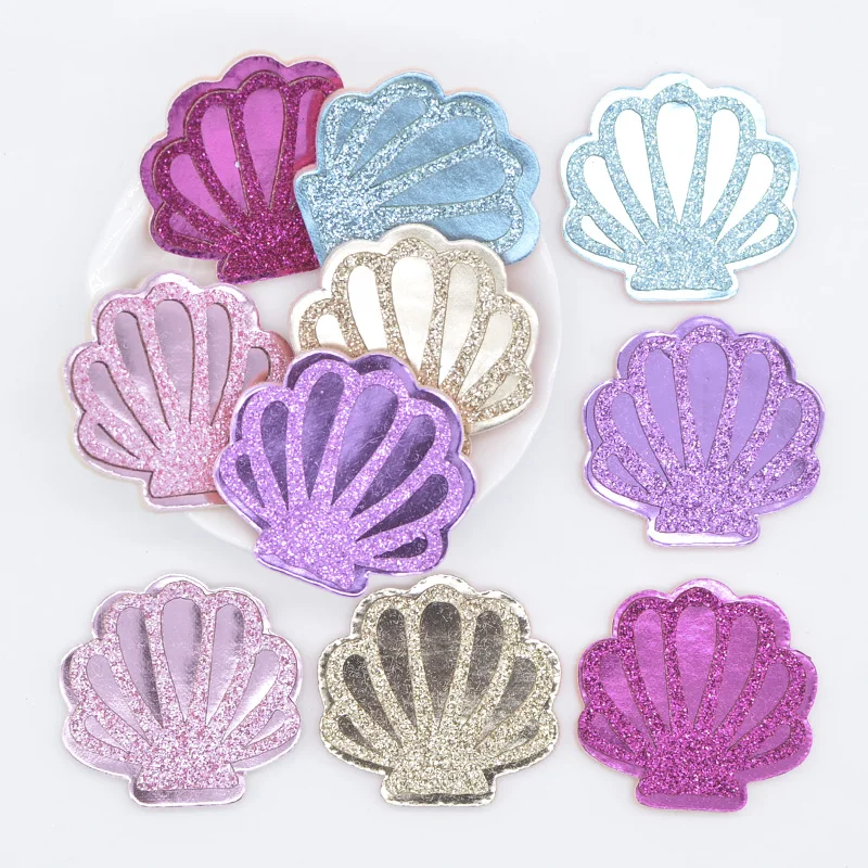 10Pcs 40*40mm Glitter PU Shell Padded Appliques for DIY Craft Cake Topper & Baby Headwear Clip Bow Accessories Decor Patches