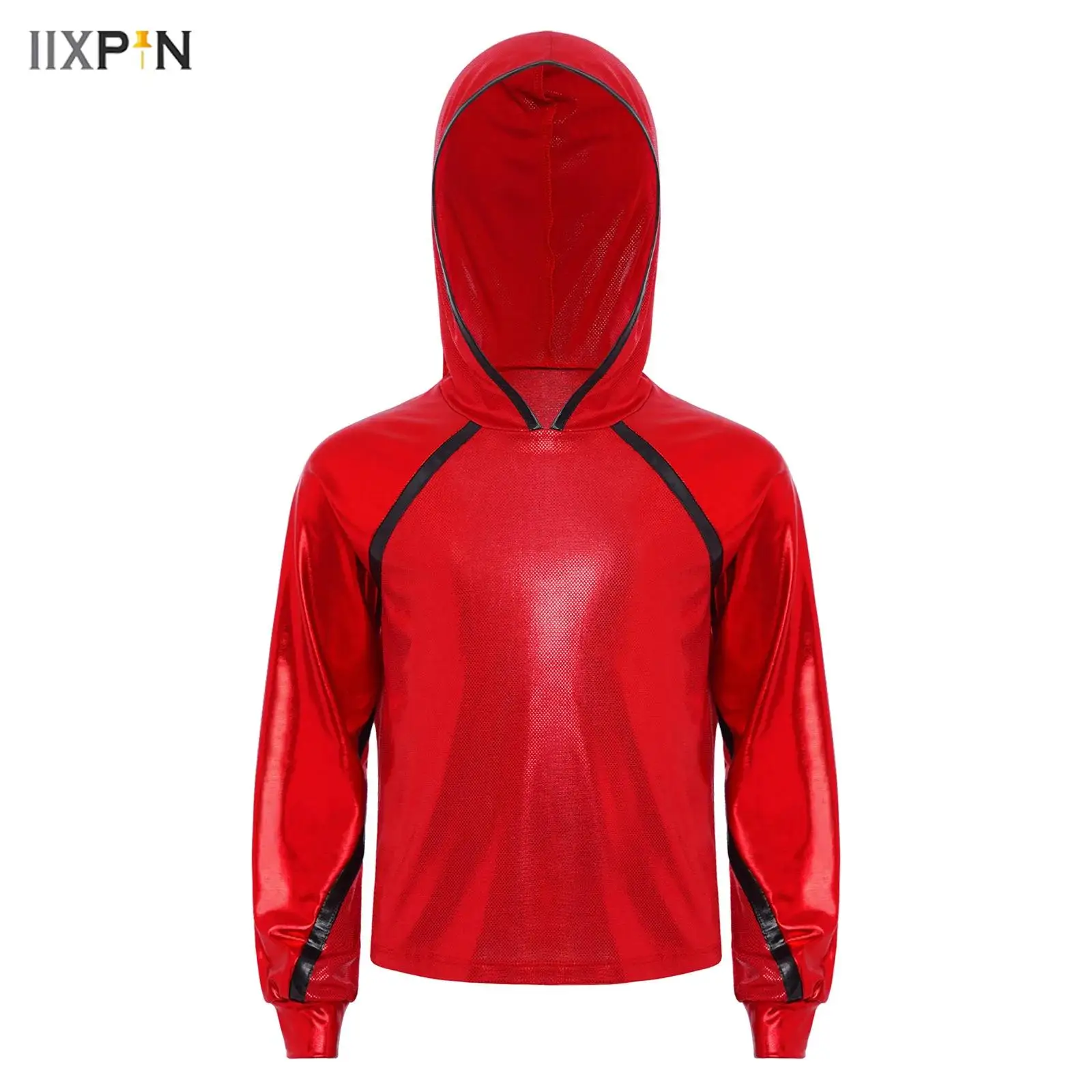 

Kids Girls Hoodie Sweatshirt PU Metallic Long Sleeve Hooded Pullovers Top for Hip-hop Jazz Dance Performance Sports Workout