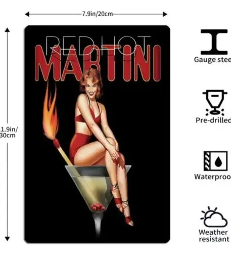 COCKTAIL PIN UP METAL TIN SIGN GIRL IN MARTINI GLASS BAR ART RED HOT MARTINI ART
