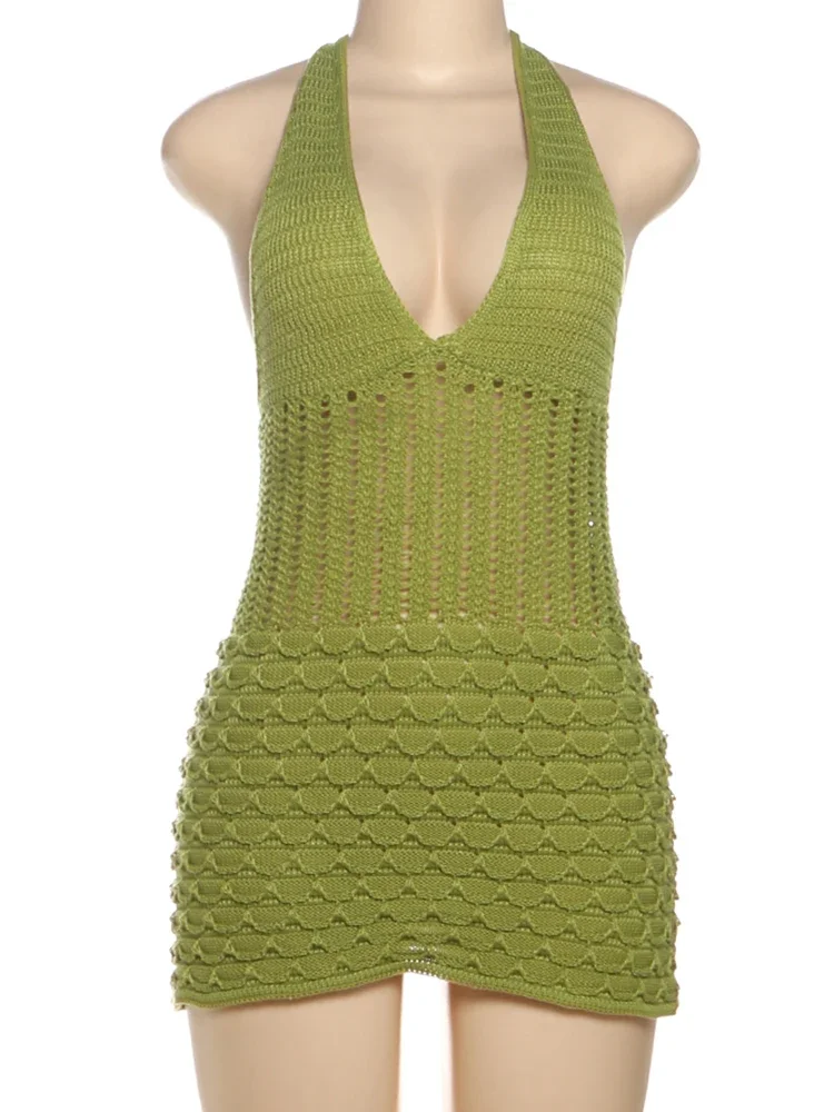 Kliou Halter Crochet mujeres Mini vestido Simple sólido Sexy agujeros espalda descubierta plisado Body-shaping Vestidos Mujer nuevo vestido de vacaciones