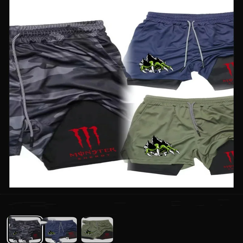

Мужские шорты Monster Energy Print 2026: модные, спортивные, эластичные, дышащие, двухслойные, 5/8 длины