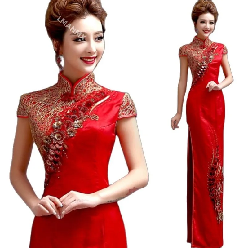 Chinese Traditional Cheongsam Embroidery Modern Elegant Qipao Oriental Embroidered Long Red Wedding Dress Evening Party Gown