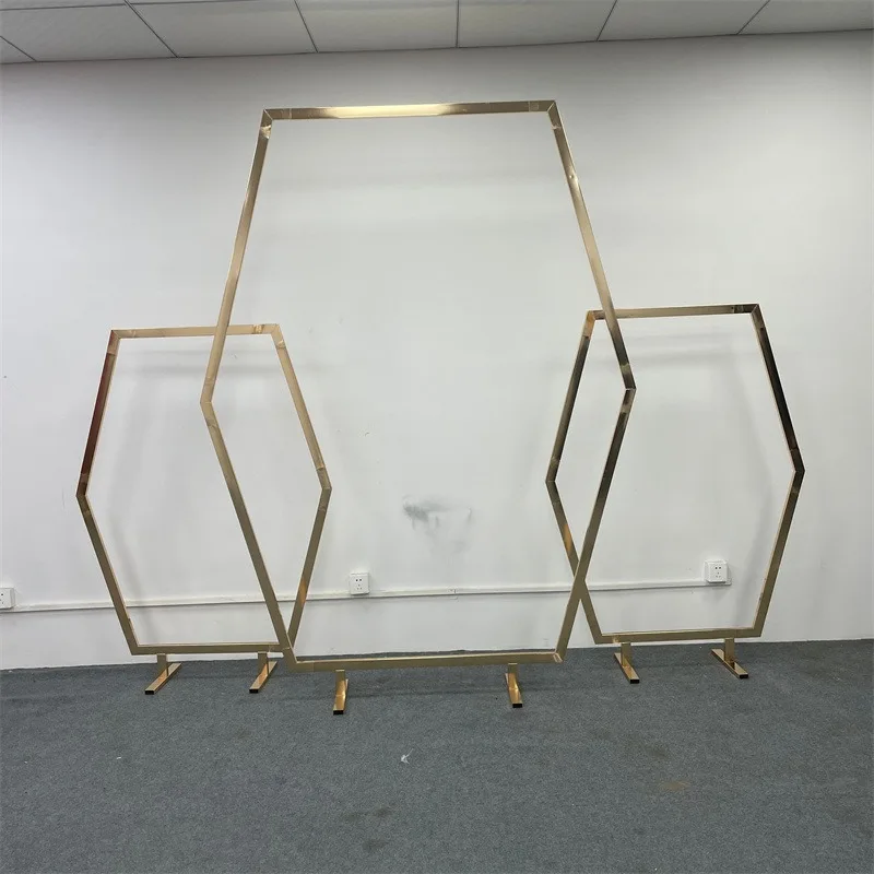 Metal Wedding Props Geometric Hexagonal Golden Backdrop Curtain Stand Flower Yarn Shelf Party Events Decoration