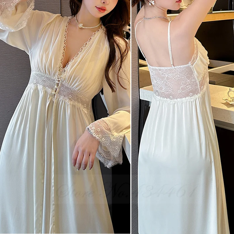 Spring Autumn Female Sleepwear Long Nighty&Robe Set Nightgown Sexy Lace Suspender Nightdress Intimate Lingerie Satin Homewear