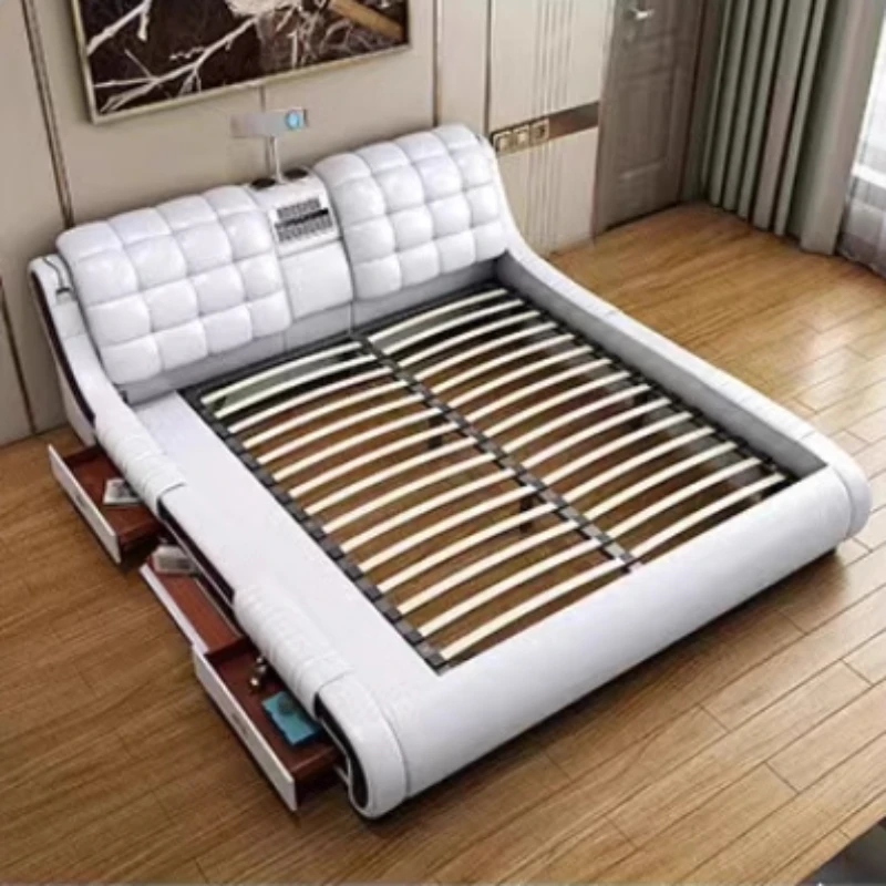 Pretty Headboard Storage Double Bed Luxury King Size Queen Frame Double Bed Leather Modern Letto Matrimoniale Bedroom Furniture