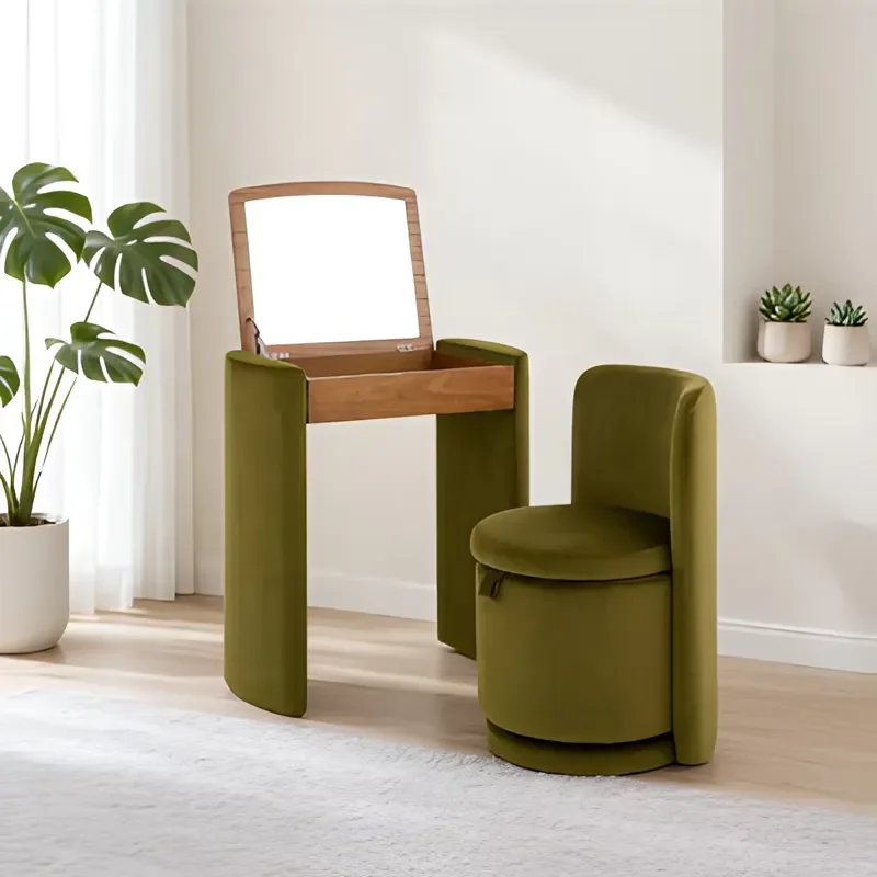 Velvet Clamshell Dresser Set with Hidden Mirror and Storage Stool Space Saving Furniture for Small Bedroom