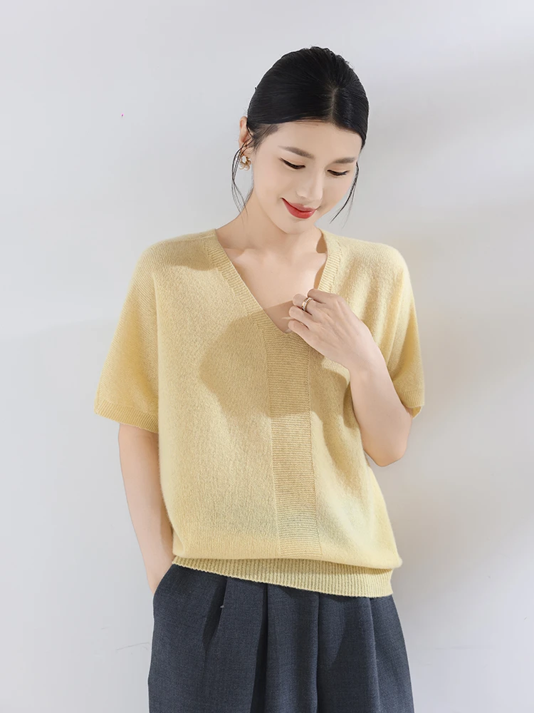 Women 100% Cashmere Knit Seamless Half-Sleeve Top T-shirt Loose V-neck Lightweight Spring Sweater V-Panel Premium Grade-A Fiber