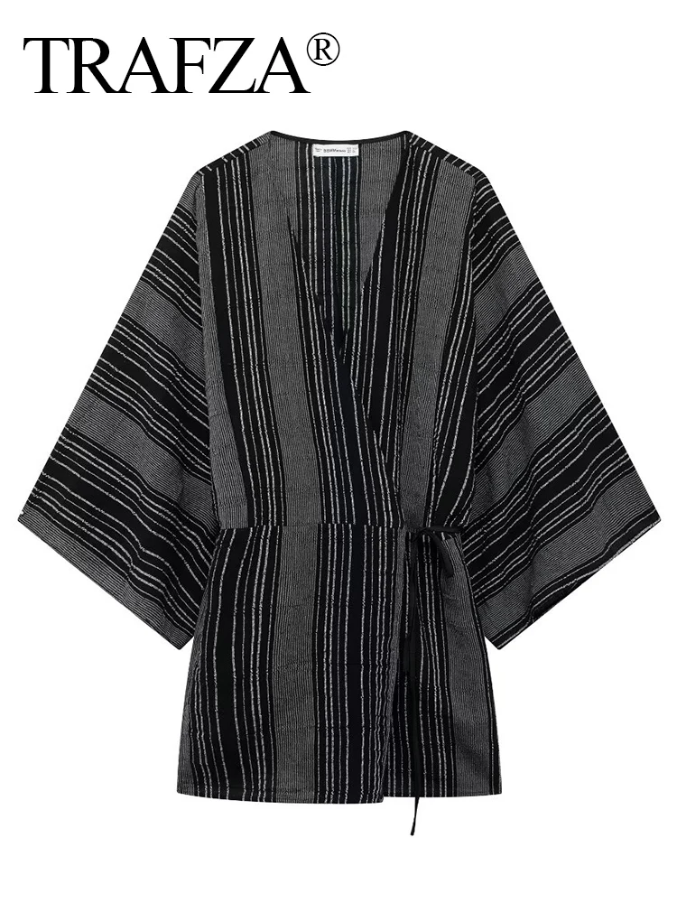 TRAFZA Women\'s Fashion Striped Embroidered 2-Piece Set Mid-Length V-Neck Shirt Jacket+Black Striped Straight Ankle Length Skirt