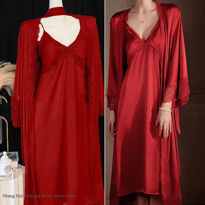 

Elegant Burgundy Female Long Robe Nightgown Sleepwear Set Sexy Lace Trim Lingerie Night Dress Loungewear Casual Rayon Home Wear